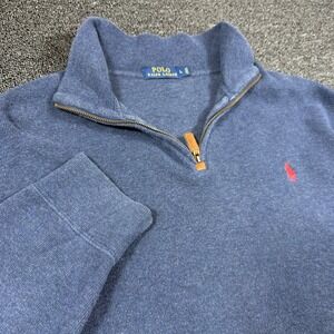 Polo Ralph Lauren Mens Large Blue 1/4 Zip Cotton Pullover Sweater Red Pony Logo